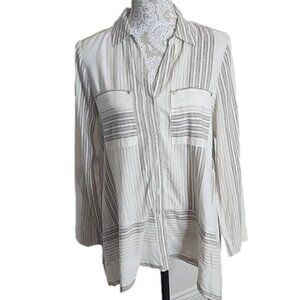 Jones New York Linen Blend Tunic Top Long Sleeve Ivory Stripe Women's Medium